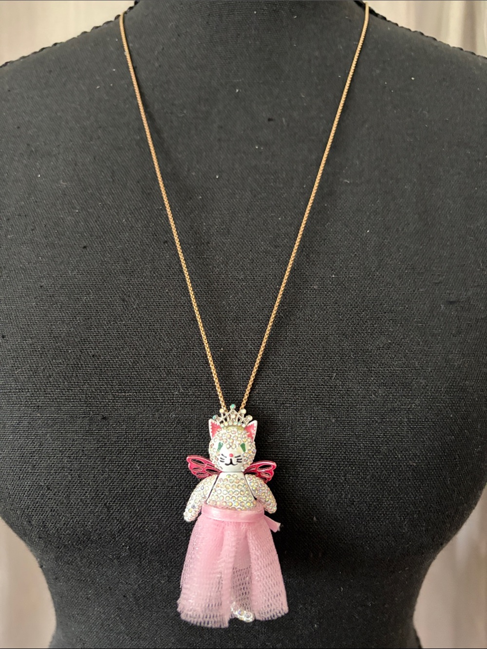 Betsey Johnson Pink Crystal Cat Princess Pendant Necklace